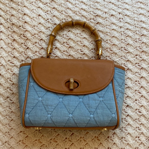 J. McLaughlin Handbags - J.McLaughlin blue and tan handbag with bamboo handle and striped interior